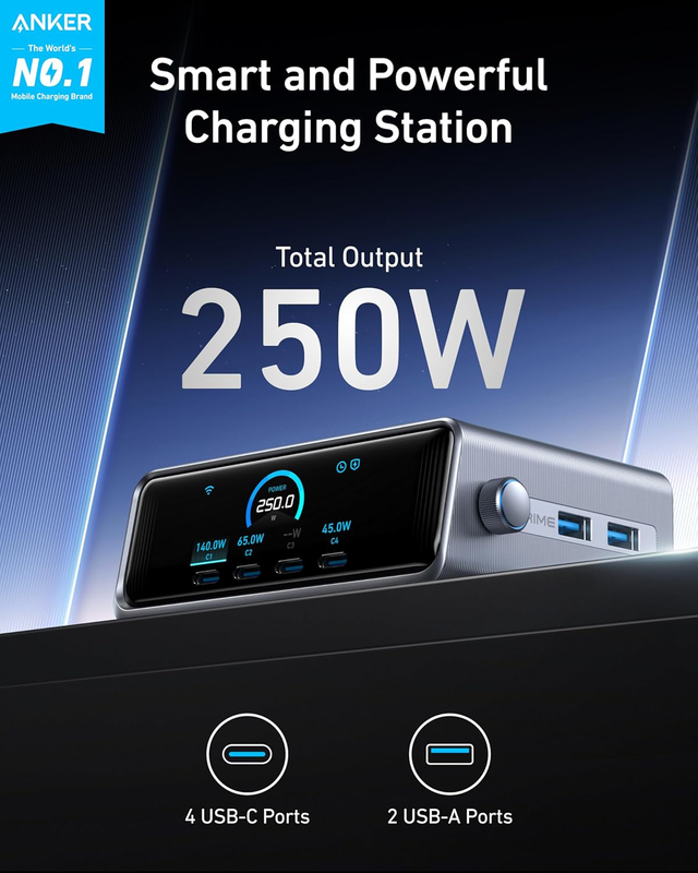 Anker prime 250w USB c charger, ultra-fast 6-port gan charging station, 2.26 lcd display and smart control dial black, , medium-null