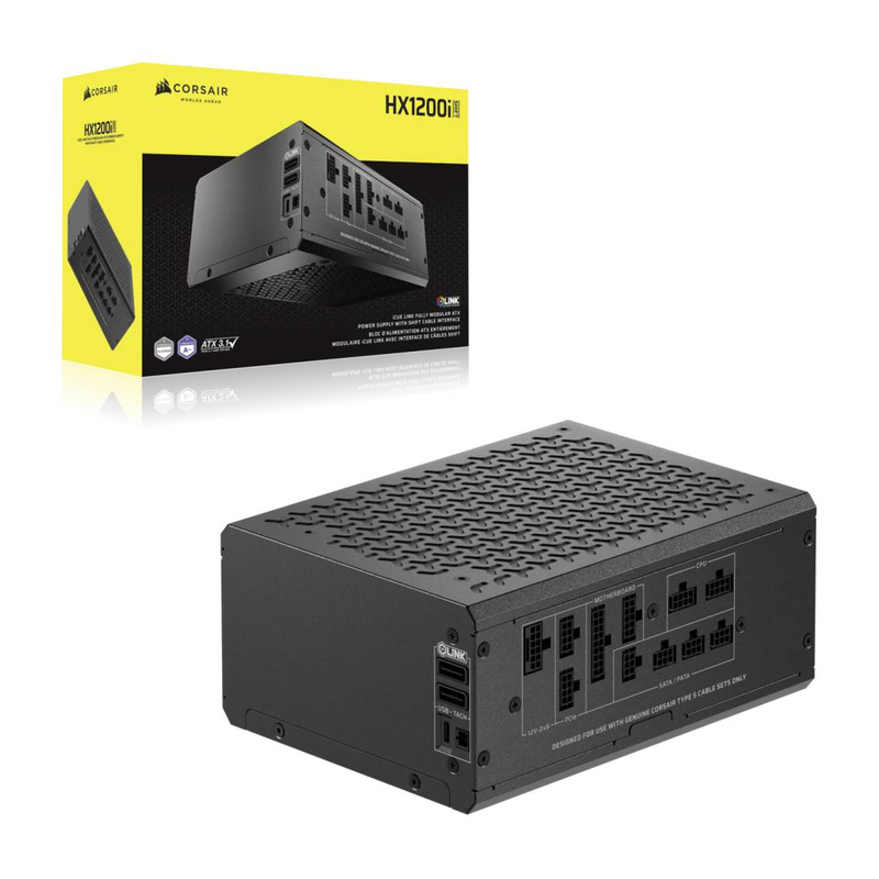 Corsair hx1200i shift 1200w atx 3.1 psu 80+ platinum cybenetics fully modular side-connectors icue 12v-2x6 black-null