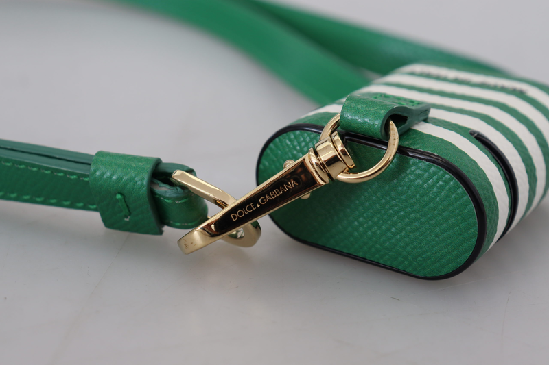 Green leather strap gold metal logo AirPods case-null