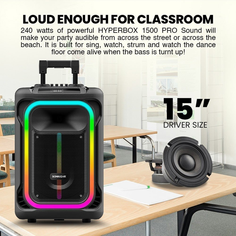 Sonicgear portable karaoke speaker 15&rdquo; 240w tws bt/USB 2x mics hyperbox 1500 pro, , medium-null
