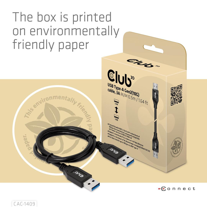 Club3d USB type-a Gen2(10g) cable, 3a m/m 0.5m / 1.64 ft / 0.5 m / USB a / USB a / USB 3.2 Gen 2 (3.1 Gen 2) / 10GBit/s / black-null