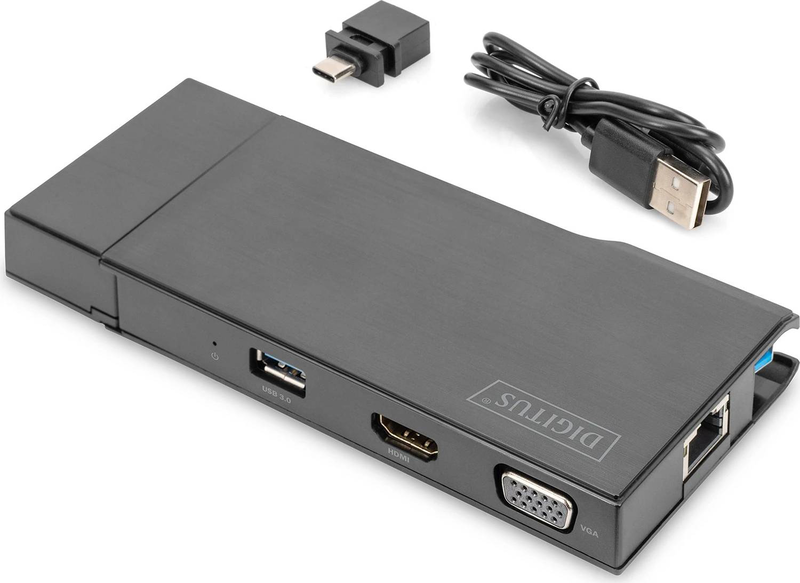 Digitus da-70894 universal docking station USB 3.0 7-in-1 HDMI vga dual display 2x USB-a gigabit lan sd microsd black-null