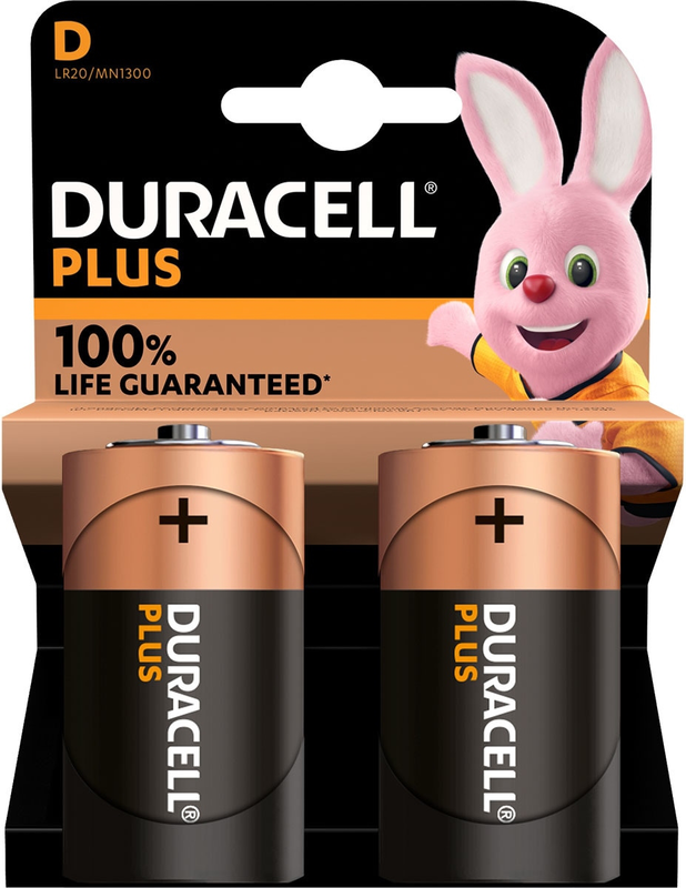 Duracell plus 100% extra life alkaline power plus d pack of 2, , medium-null
