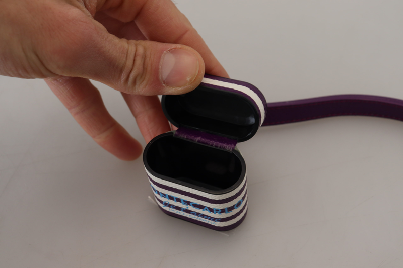 Purple leather strap gold metal logo AirPods case-null