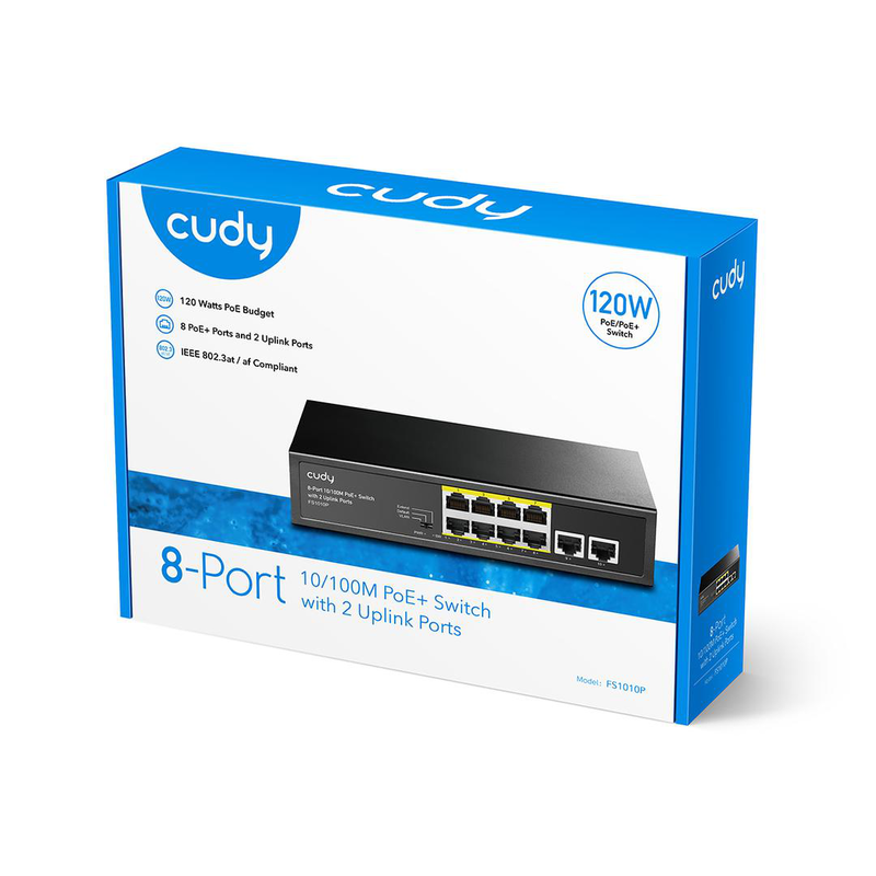 Cudy fs1010p 8-port fast ethernet poe+ switch | 120w poe budget | black, , medium-null