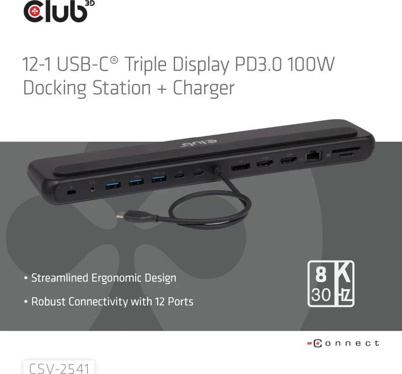 Club 3d csv-2541 12-in-1 USB-c triple display docking station 2x HDMI displayport 8k 100w pd charger sd gbe black-null