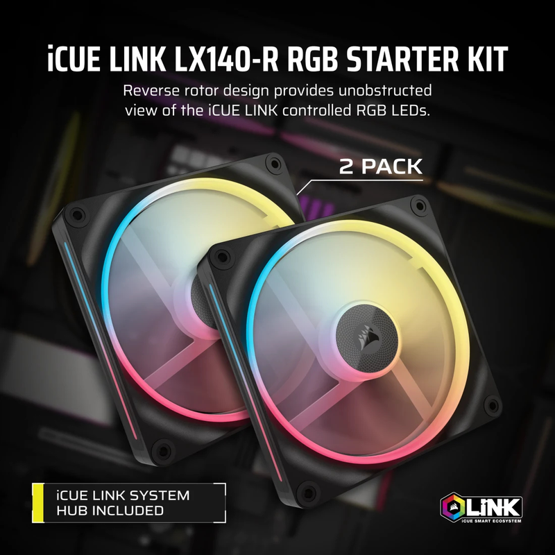 Corsair icue link lx140-r rgb 140mm pwm reverse fans starter kit black (co-9051052-ww)-null