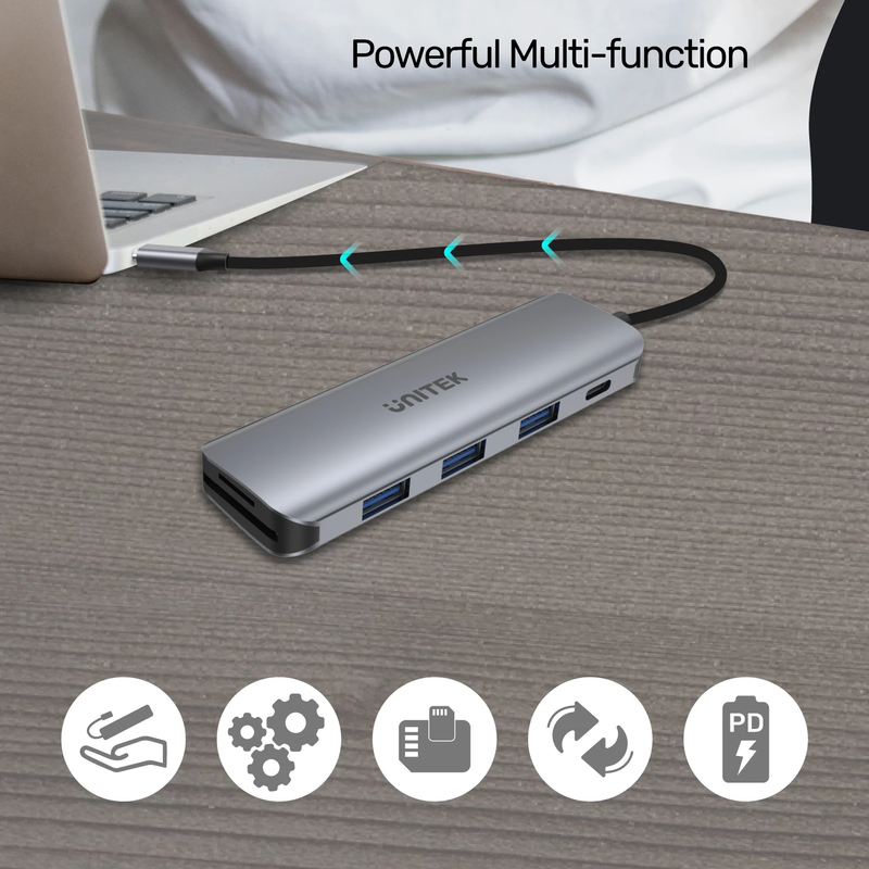 Unitek h1107c alum Type-C hub 3x USB3.1/sd/pd100w hub space grey, , medium-null