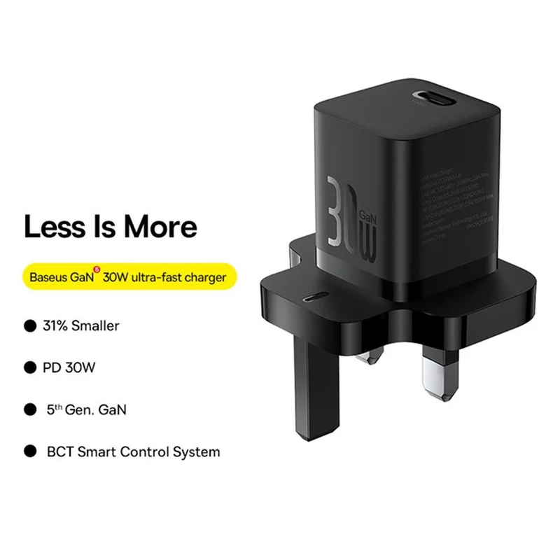 Baseus charger wall 30w USB-c uk mini gan5 black, , medium-null