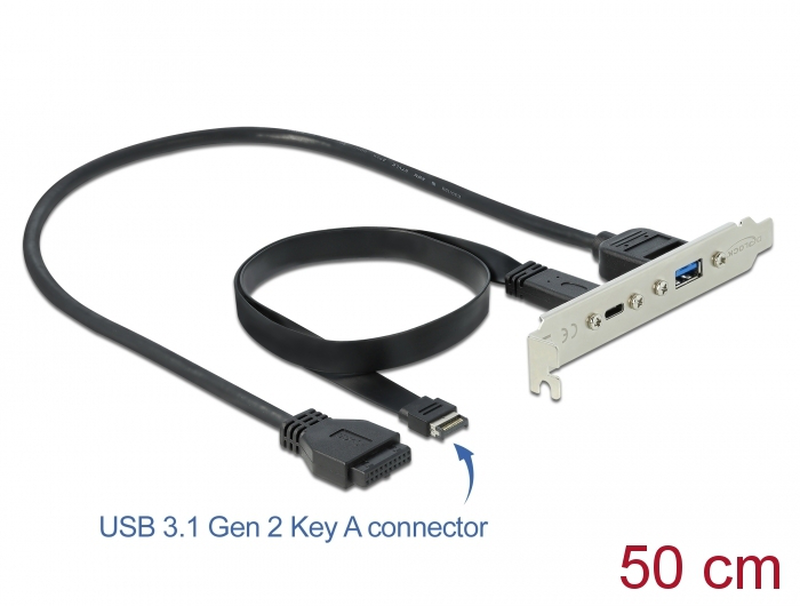 Delock slot bracket / USB panel / 19 pin USB 3.0 header, 20 pin USB 3.1 header to USB type a, 24 pin USB-c (f) / 5 / 20 v / 50 cm / black-null