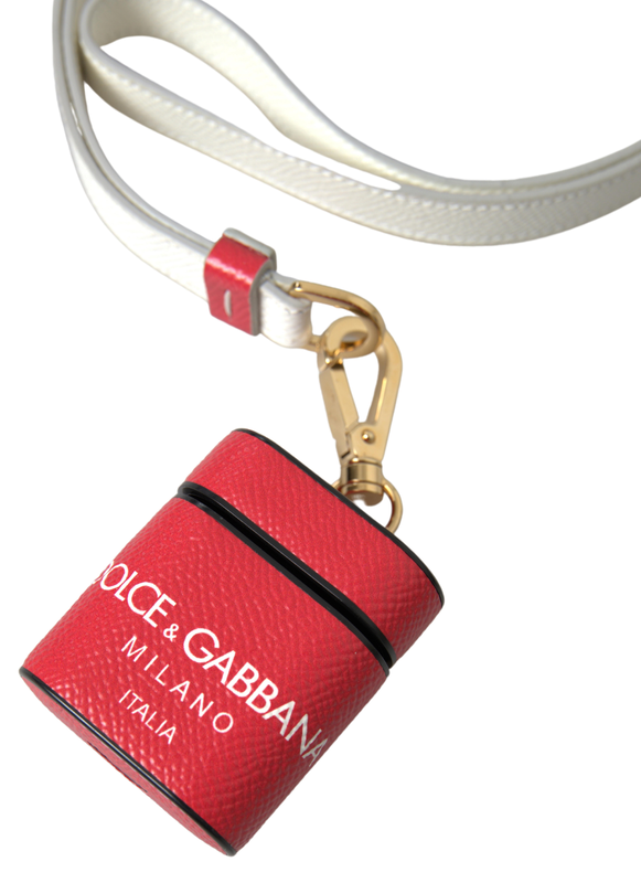 Red leather gold tone metal logo print strap AirPods case-null