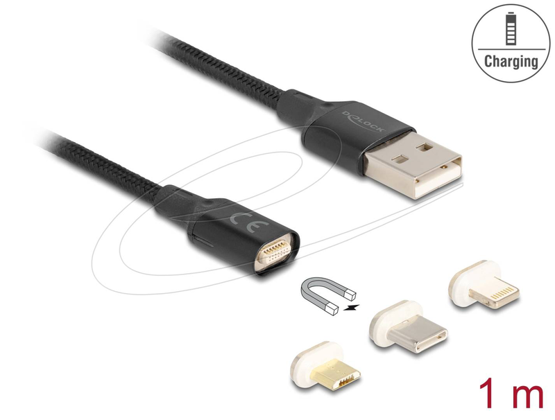 Delock magnetic USB charging cable set for 8 pin lightning&trade; / micro USB / USB Type-C&trade; black 1 m, , medium-null