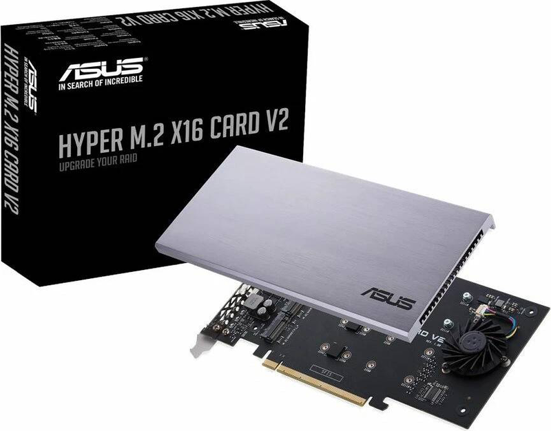Asus hyper m.2 x16 card v2 pcie 3.0 x16 adapter for 4x m.2 nvme SSD up to 128GBps with heatsink and fan-null