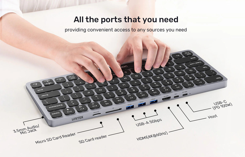 Unitek 9in1 keyboard & USB-c 3.0 hub 4x USB ports HDMI 4k60hz card reader & 100w pd d1092a, , medium-null