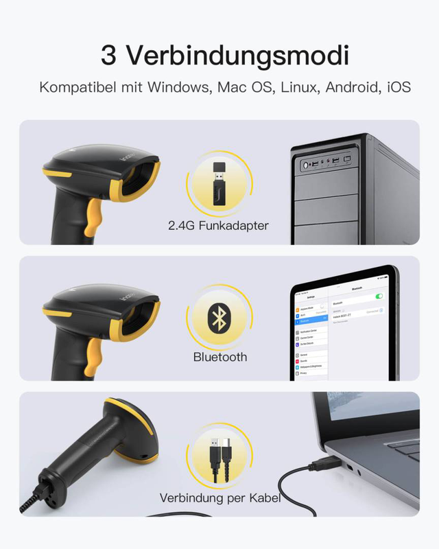 Inateck bcst-21 ai 1d wireless barcode scanner bluetooth 2.4GHz USB 220 scans/sec 2000mAh 100m range black-null