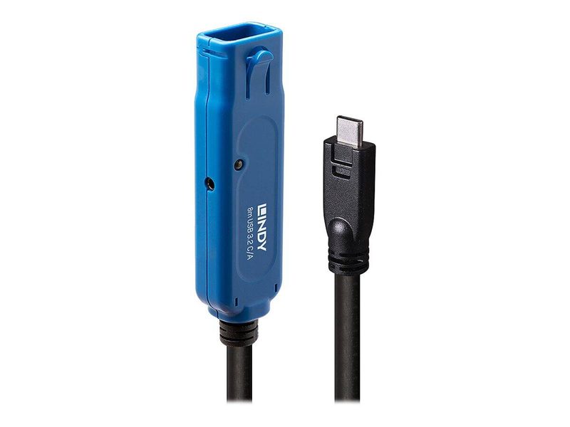 Lindy - USB extension cable - 24 pin USB-c (m) to USB type a, power dc jack 2.5 mm (id: 0.7 mm) (f) locking - USB / USB 2.0 / USB 3.0 / USB 3.1 / USB 3.2 - 8 m - round, active, gold flashed contacts - black-null