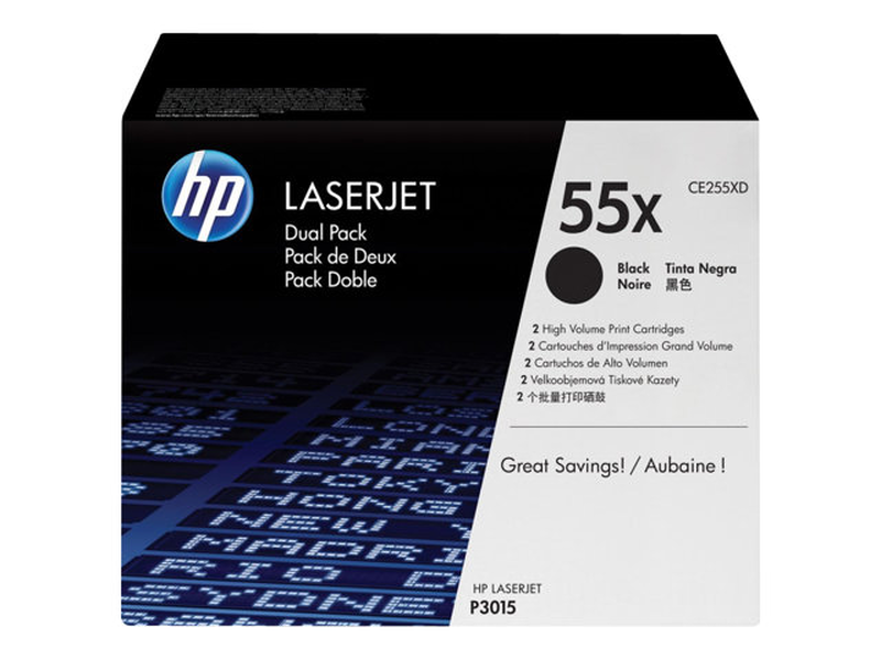 Hp 55x 2-pack high yield black original laserjet toner cartridge ( ce255xd ) for laserjet enterprise p3015 / laserjet managed mfp m525 / laserjet managed flow mfp m525, , medium-null