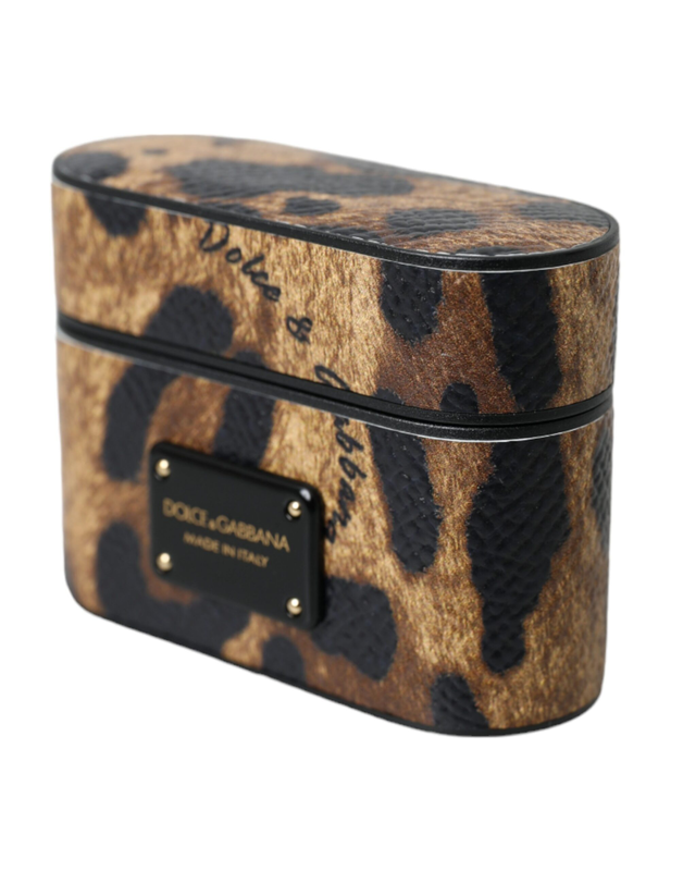 Brown leopard calf leather metal logo plaque AirPods case-null