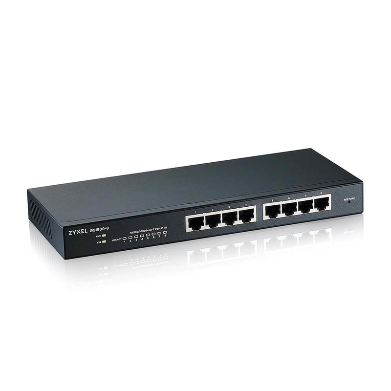 Zyxel gs1900-8 8-port gigabit smart-managed layer 2 switch, fanless desktop, web gui-null