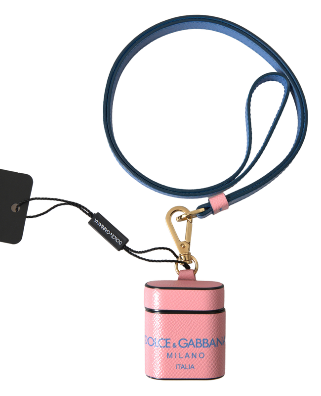 Pink blue calf leather logo print strap AirPods case-null
