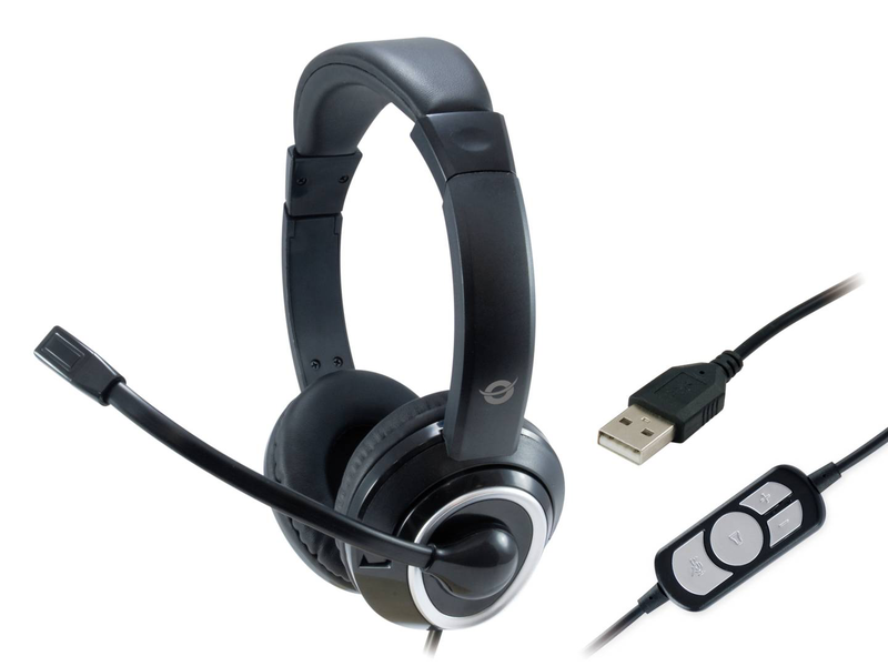 Conceptronic polona01b stereo USB headset on-ear wired USB-a flexible boom mic volume and mute control black-null