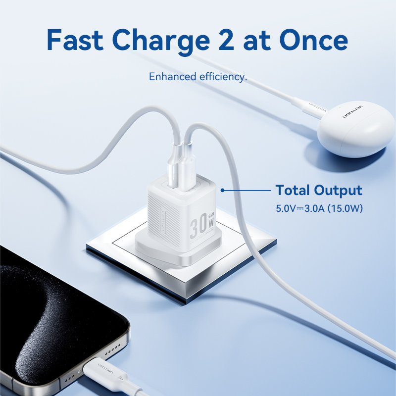 Vention charger wall gan 30w 1xa 1xc+USBc cable white tz-feqw0-uk-01, , medium-null