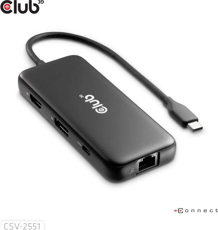 Club3d csv-2551 USB-c 8-in-1 portable dock HDMI 2.1 displayport 1.4 8k30 4k144 gigabit ethernet 100w pd black-null