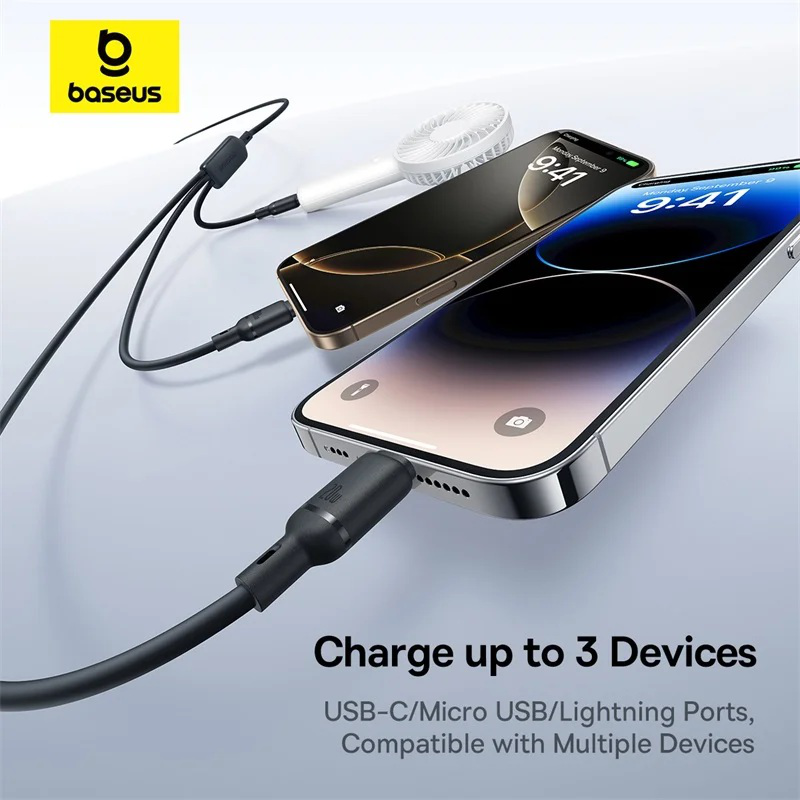 Baseus cable 3in1 USB-c/micro/light to USB-c silky one-for-three 100w 1.5m black, , medium-null