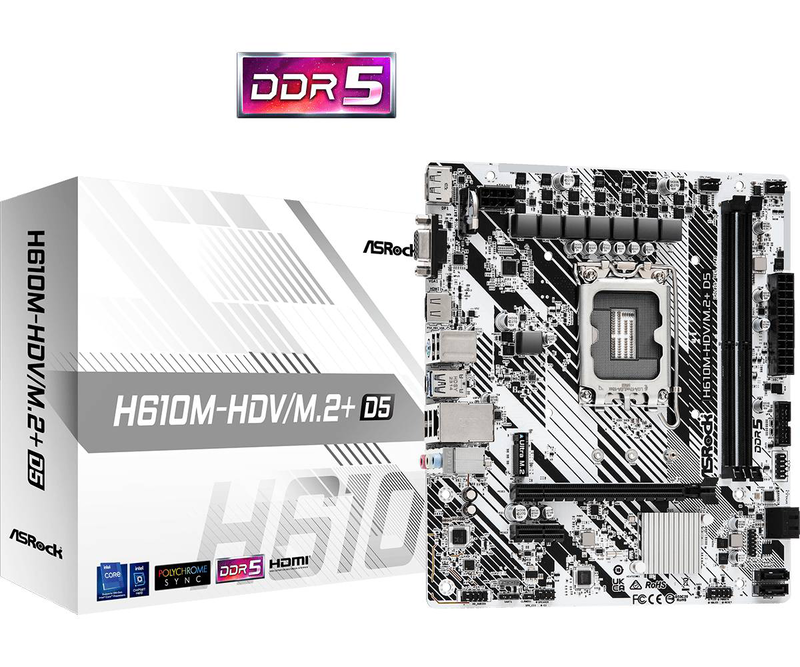 Asrock h610m-hdv/m.2+ d5 micro-atx motherboard lga 1700 intel h610 ddr5 pcie 4.0 m.2 USB-c HDMI dp vga gbe black-null