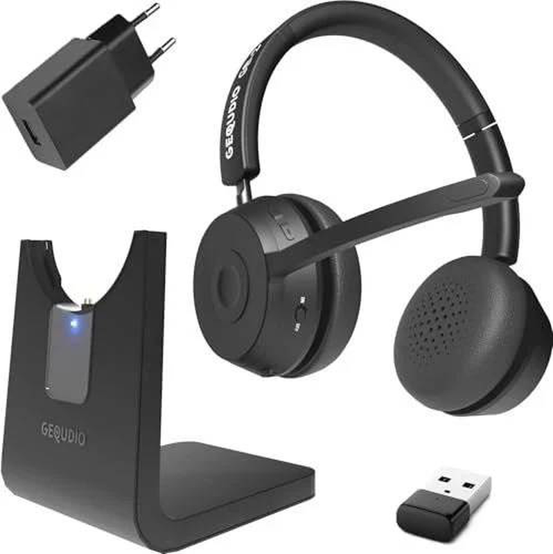 Gequdio gb-2 wireless bluetooth office headset noise-cancelling mic multipoint 39h USB adapter charging stand black-null