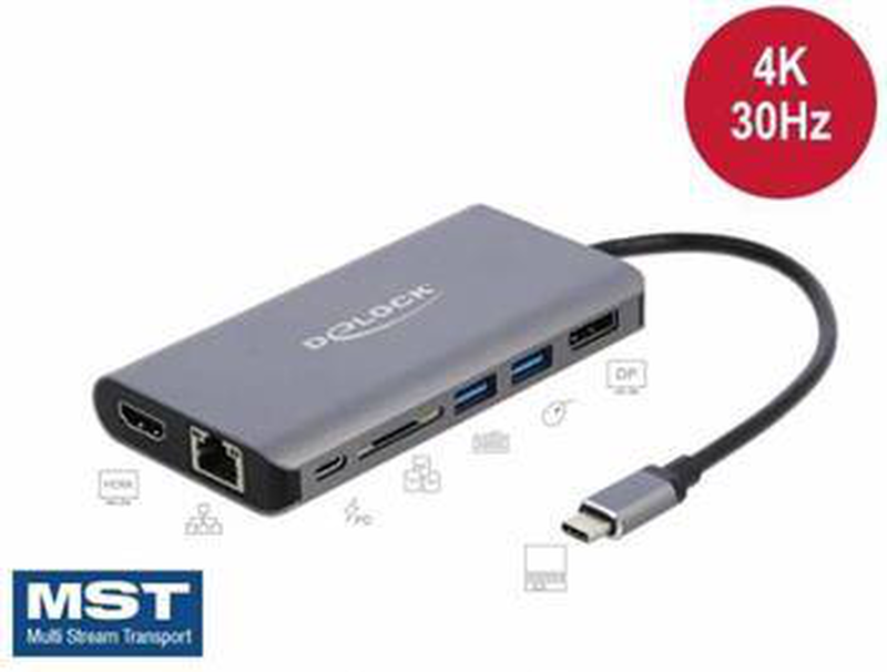 Delock 87683 USB-c docking station 4k HDMI displayport gigabit lan 3x USB 3.0 sd card reader 100w pd grey-null