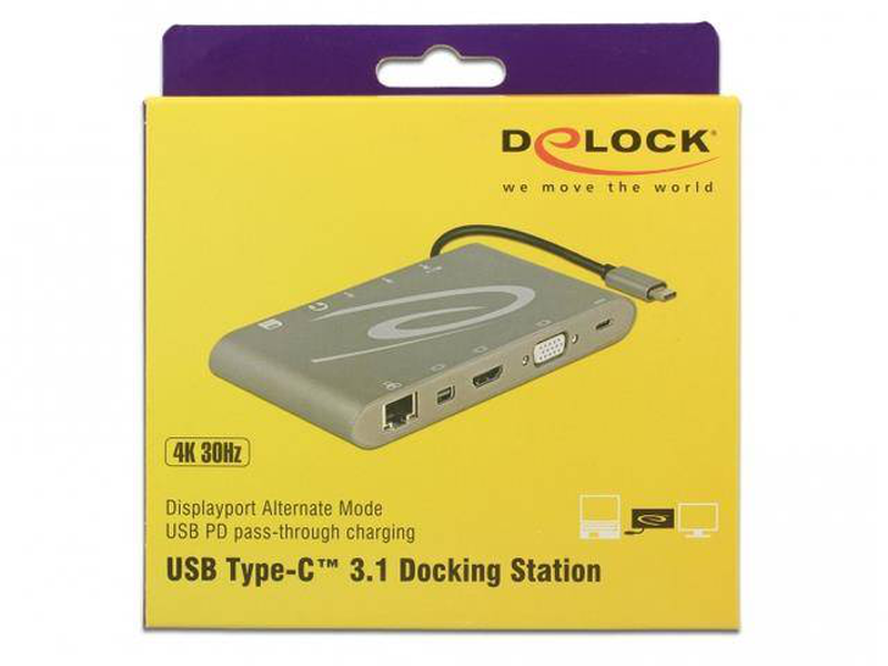 Delock 87297 USB-c 3.1 docking station 4k 30hz dual-display HDMI + mini dp + vga gigabit lan 3x USB-a sd reader pd, , medium-null