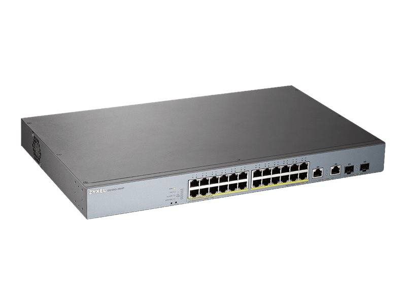 Zyxel gs1350-26hp 24-port gigabit smart managed poe+ surveillance switch 375w with 2 combo gbe sfp uplinks, , medium-null
