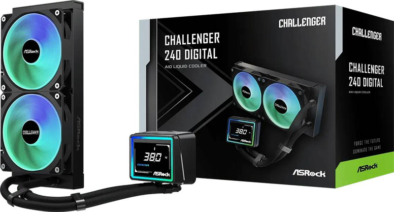 Asrock challenger 240 digital black argb liquid CPU cooler 240mm aio 3in display dual 120mm fans copper-null