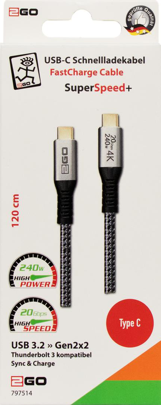 2go 797514, 1.2 m, USB c, USB c, USB 3.2 Gen 2x2, 20GBit/s, black, silver-null