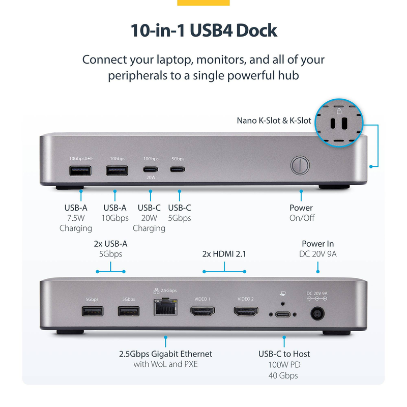 Startech 155ue-USB4-dock USB4 dual monitor docking station 2x HDMI 2.1 4k 120hz 2.5GBe 6x USB 100w pd-null