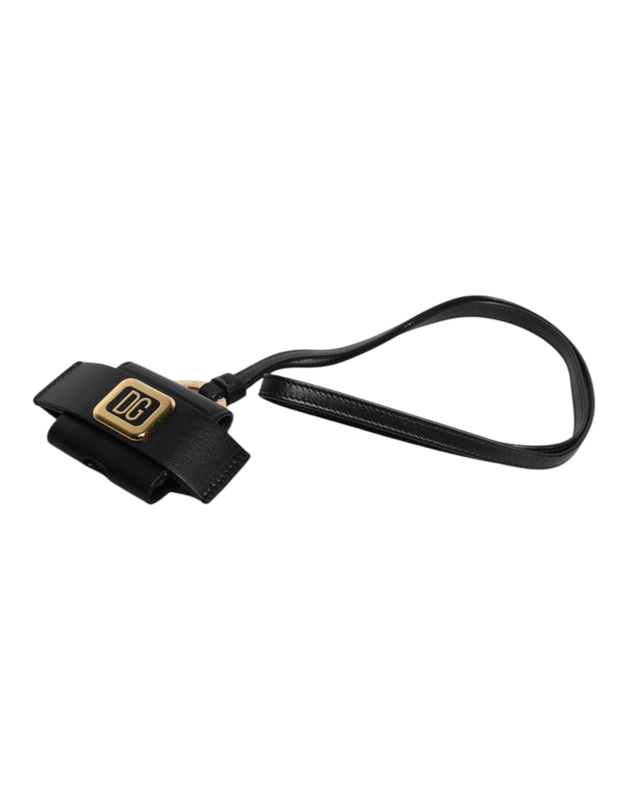 Black leather strap gold metal logo plaque AirPods case-null