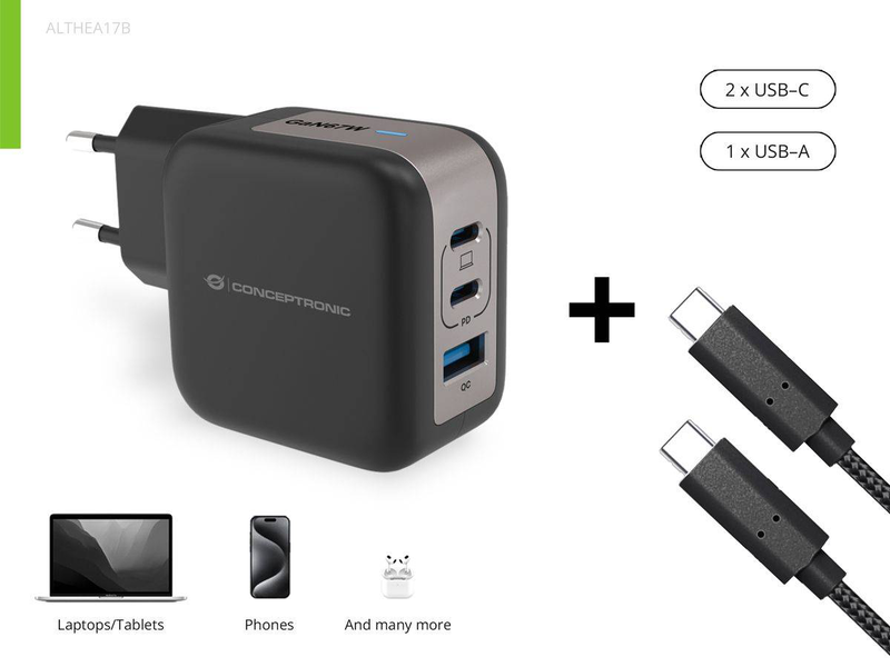Conceptronic althea17b 67w gan 3-port USB-c charger 2x USB-c 1x USB-a pd 3.0 pps qc 3.0 black-null