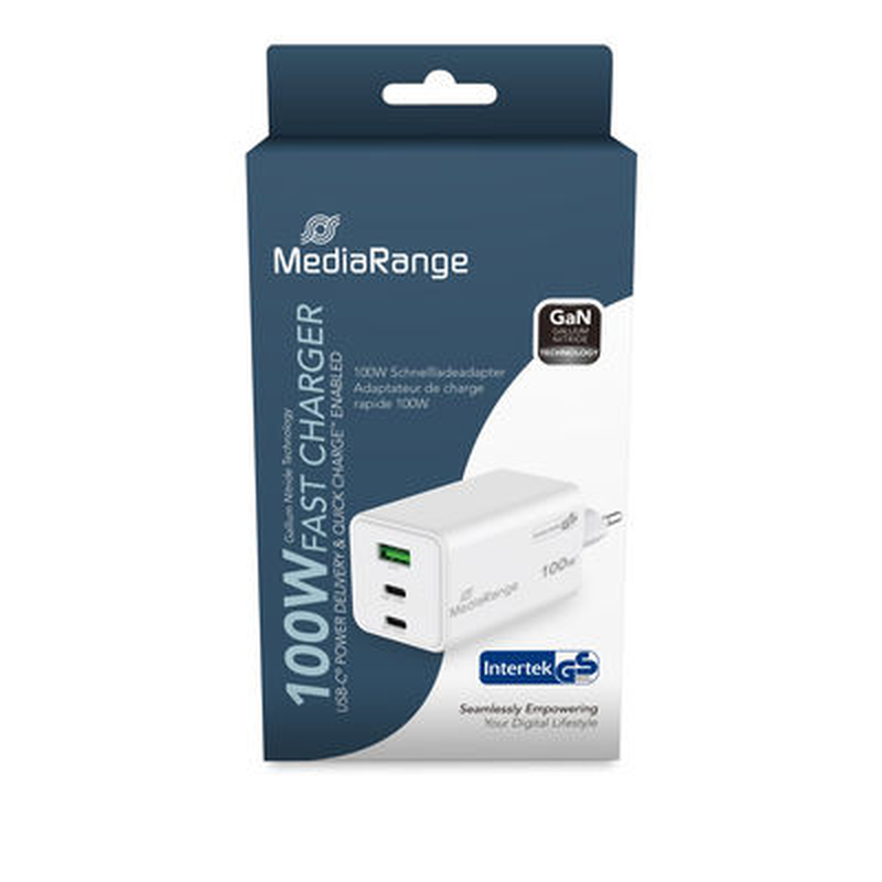 Mediarange 100w gan fast charging adapter, 2x USB-c and 1x USB-a, USB-c, , medium-null