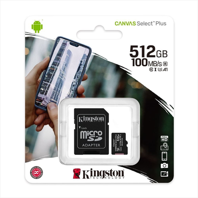 Kingston 512GB canvas select plus class 10 100mb/s micro sd