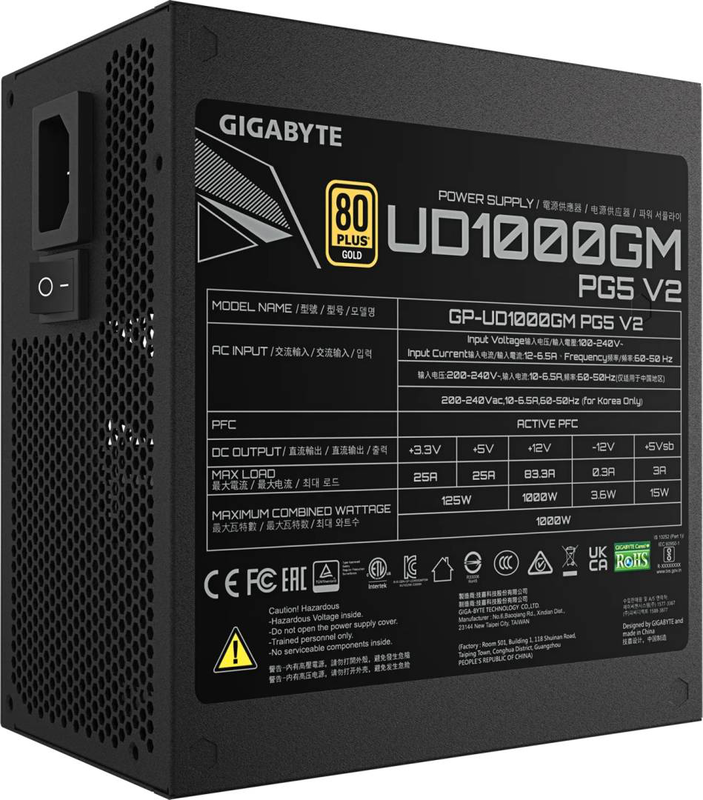 Gigabyte ud1000gm pg5 v2 1000w atx 3.1 psu 80+ gold cybenetics platinum fully modular pcie 5.1 12v-2x6 black-null