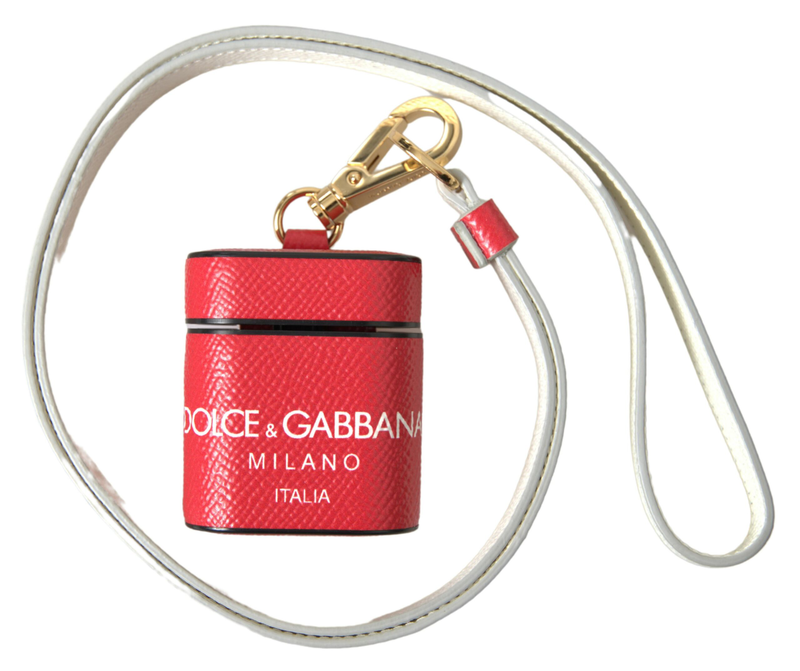 Red leather gold tone metal logo print strap AirPods case-null