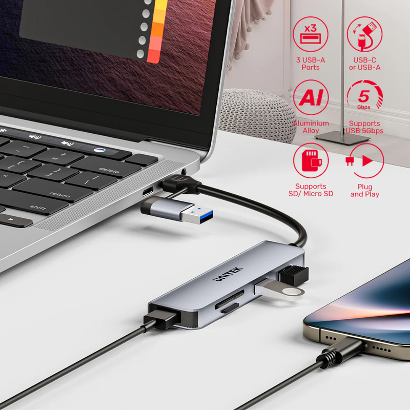 Unitek USB-c hub 3xUSBa sd/micro sd card reader h1320a, , medium-null