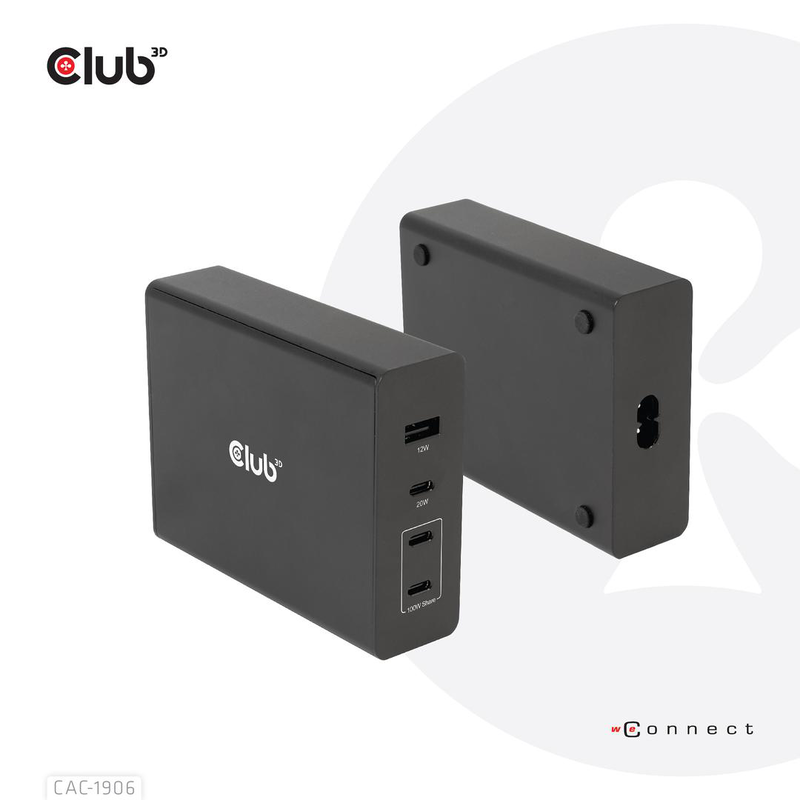 Club 3d cac-1906 132w gan USB charger 4-port USB-c and USB-a power delivery for laptops phones black-null