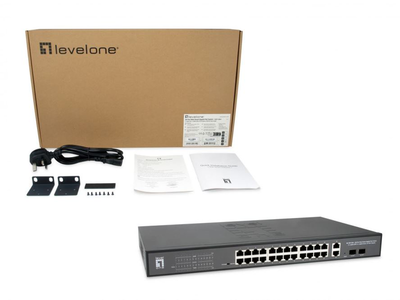 Levelone gep-2841 28-port web smart gigabit poe switch/2 x uplink sfp/2 x uplink rj45/24 poe outputs/375w poe power, , medium-null