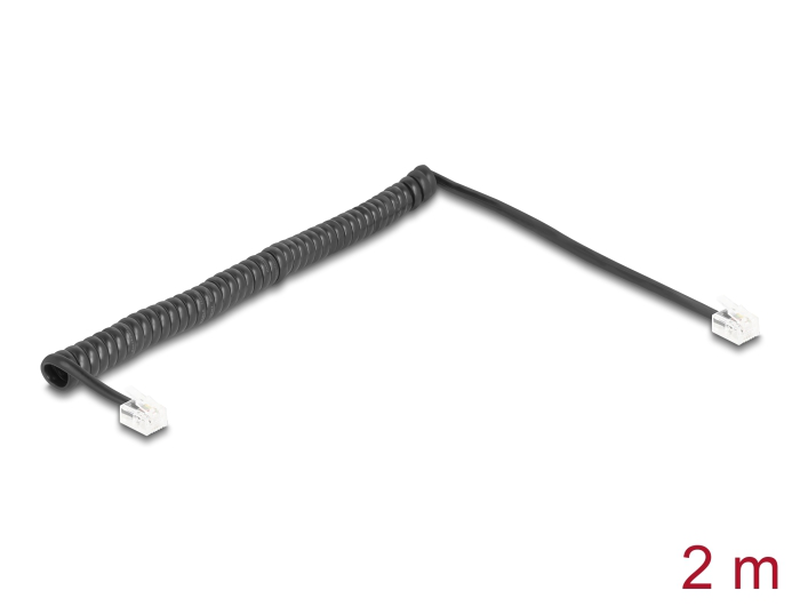 Delock - phone cable - rj-11 (m) to rj-11 (m) - 2 m - 4.8 mm - coiled, gold plated contacts - black-null