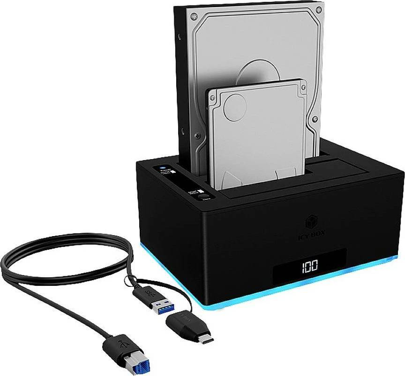 Icy box ib-127cl-u3 dual bay USB-c and USB-a docking clone station for 2.5 3.5 inch sata HDD SSD with rgb, , medium-null