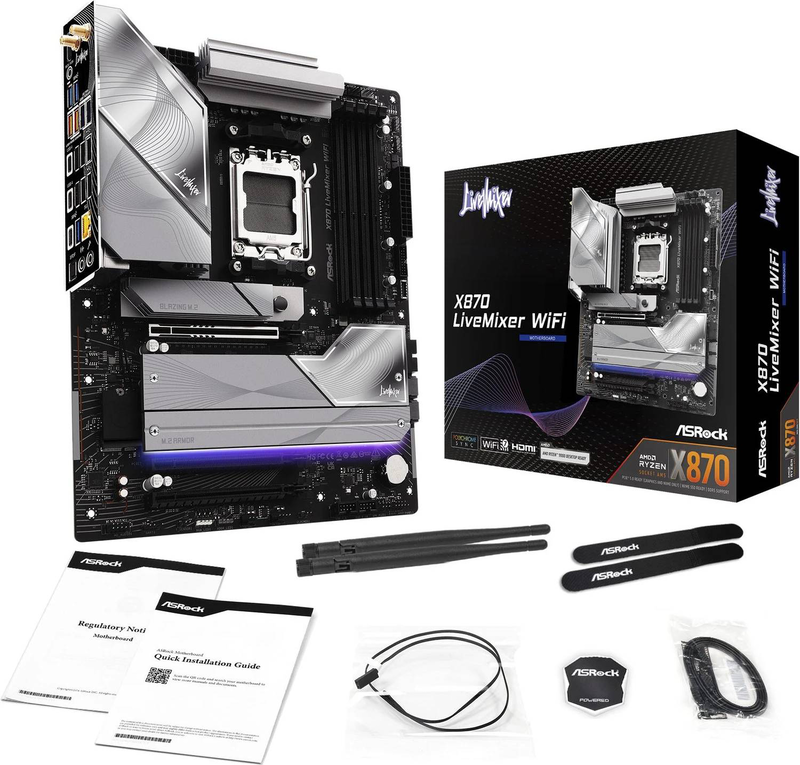 Asrock x870 livemixer Wi-Fi atx motherboard am5 AMD x870 ddr5 pcie 5.0 Wi-Fi 7 USB4 5GBe 90-mxbta0-a0uayz-null