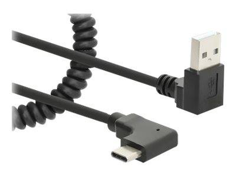 Manhattan USB-c to USB-a cable, 1m, male to male, black, 480 mbps (USB 2.0), tangle resistant curly design, angled connectors, ideal for charging cabinets/carts, hi-speed USB,-null