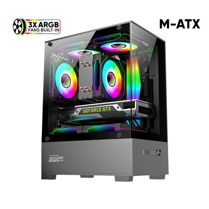 Armaggeddon gaming case m-atx aquaron duplex one black + 3xargb (bottom USB), , medium-null